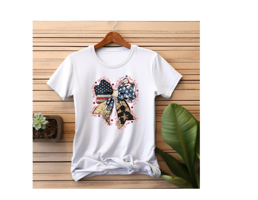 Support our troops 4th of July cute bow T-Shirt poly cotton blend