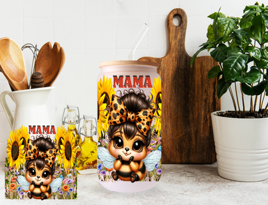 Mama honeybee and sunflower 20 oz frosted glass tumbler