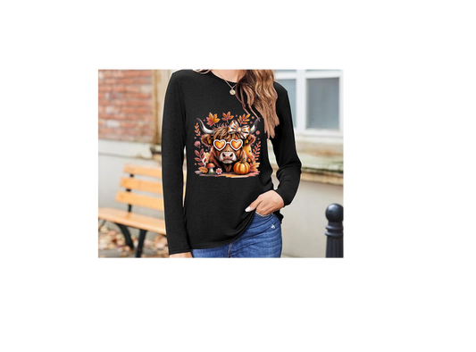 Fall Cute Highland Cow Long Sleeve Women T-Shirt