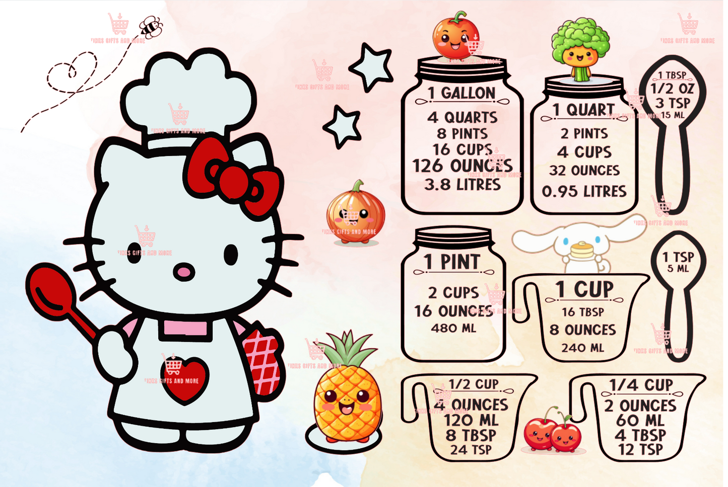Cute Kitty and Friends conversion chart 11.5 x7.7 Glass cutting board