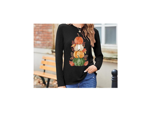 Cute pumpkin long sleeves women crew neck T shirt