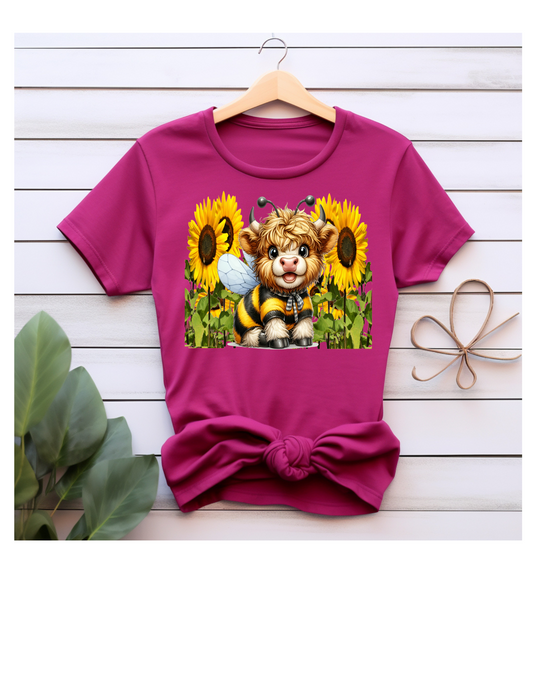 Highland Cow and Sunflowers poly cotton blend T-Shirt