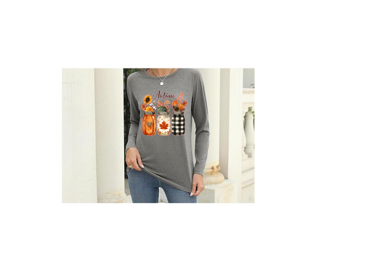 Cute Autum jars Long Sleave womans crew neck T-shirt