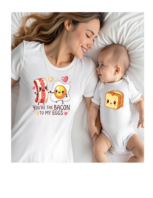 Mommy and Me Bacon and eggs T-Shirt with matching onesie