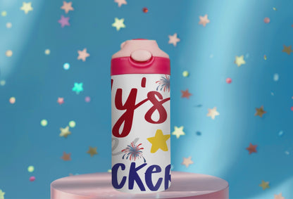 The 12 oz kids water bottle features a little miss America